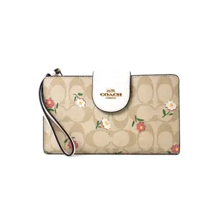 COACH 花朵緹花LOGO防刮皮革釦式掛帶手機包/長夾-白色【美國正品 現貨】