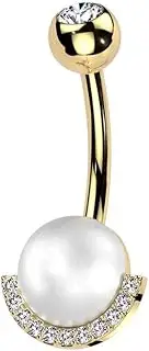 [Pierced Owl] 14GA 316L Stainless Steel Synthetic Pearl with Half CZ Crystal Edge Belly Button Ring