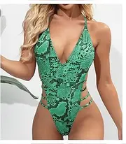 [HANRUO] Summer Women One-Piece Solid Lace Bikini Set Push Up Swimsuit Beachwear Deep V-Neck Swimwear (Color : 2, Size : L)