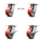 5 Inch Red Poly on Cast Iron Swivel Caster Set 2 Swivel Locks 2 Brakes SCC