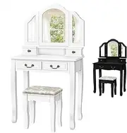 ALFORDSON Dressing Table and Stool Chair Set with 3-Panel Foldable Mirror, Makeup Vanity Desk with Caskets & Drawers, Dresser Organiser for Women Bedroom Dress Room, White Colour