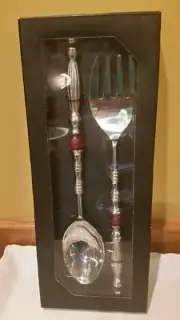 Cynthia Rowley Salad Server Set. Red Beaded Handles. Still in box.