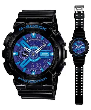 【金台鐘錶】CASIO卡西歐G-SHOCK 雙顯錶 男錶 橡膠錶帶 黑 抗磁 碼錶 (黑藍紫) GA-110HC-1A