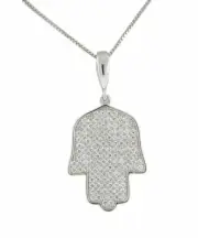 Hamsa Pave Evil Eye CZ Necklace Sterling Silver, Jewish Judaica Jewelry Kabbalah