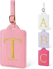 [Iqimott] Initial Letter Luggage Tag for Luggage, Waterproof PU Leather Travel Luggage Tag, Monogrammed Suitcase Tags, Bag Tags for Handbags (Pink)