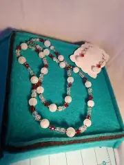 Handmade Necklace And Earrings Set In Frosted White, Red & Clear Beads - NEW