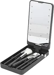Makeup Brush Organizer Mirror, Portable Mirrored LED Lighted Makeup Mirror with Brush Storage Box, Compact LED Makeup Mirror with Rechargeable Battery for Travel (Black)