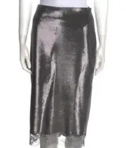 Auth NWT DOLCE & GABBANA Gray METALLIC Pencil SKIRT with LACE and CRYSTALS Trim
