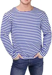 [Svitanak] Military Army Long Sleeve T-Shirt Blue White Sailor's Striped Light Summer