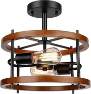 2-Light Retro Semi Flush Mount Ceiling Light Fixture, Rustic Vintage Wood Ceiling Light Black Metal, Industrial Farmhouse Ceiling Lamp for Hallway Entryway Bedroom Balcony Farmhouse Dining Room
