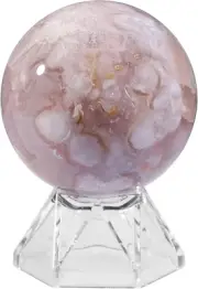 Natural Cherry Blossom Agate Stone Sphere with Acrylic Stand, Polished Crystal B