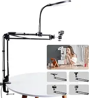 [Lamptobe] Overhead Phone Mount with Ring Light Flexible Articulating Phone Arm Stand Compatible with iPhone, Desk Tripod for YouTube Live Stream Cooking Nail Video Recording, Broadcast, Make-Up