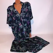 Victoria Secret Pajama Set Top & Bottom XXL 2X Modal Navy Blue Butterfly Garden