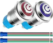 Gebildet 2pcs 12 mm Stainless Steel Self-Locking Latching Push Button Switch 12V24V 3A Power Symbol LED Normally Open SPST ON Off Waterproof with Socket Plug (Blue + Red, High Head)