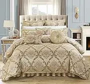 Chic Home 9 Piece Aubrey Decorator Upholstery Quality Jacquard Scroll Fabric Bedroom Comforter Set & Pillows Ensemble, King, Beige