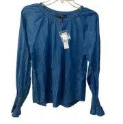 White House Black Market Lurex Chambray Peasant Blouse Sz S Metallic Stripe NEW