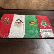 CANNON Vintage Embroidered Christmas Fingertip Towels LOT of 4 EXCELL NEW
