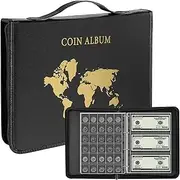 World Map Coin Collection Album for Collectors Holder, Expandable Coin Storage Book with Secure Zipper and Handy Handle Coin Storage Case Box for Coin Collection Holder, 260 Coin & 30 Bill Sleeves