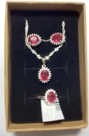 Ruby Halo Sterling Silver Necklace, Earrings & Ring (7) Set