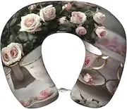 [SKKNT] Tea Cups with Roses Romantic Shabby Print Lightweight Travel Neck Pillow U-Shaped Memory Foam Head Neck for Airplanes