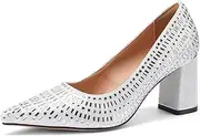 [TDD] Flower High Heels for Women Pointed Toe Pumps Rhinestone Crystal Closed Toe Chunky Block Dressy Comfortable Sexy Elegantes Wedding Slip On Formal Prom Sparkly 3 Inch Pump