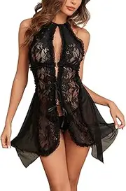 [Ladies & Men's story] Women Sexy Lingerie Mesh Halter Babydoll Open Front Lace Chemise