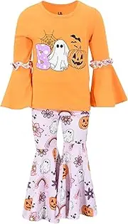 [Unique Baby] 2 Piece Girls Bell Bottom Leggings Outfit with Short Sleeved Shirt Kid and Toddler Clothes Set