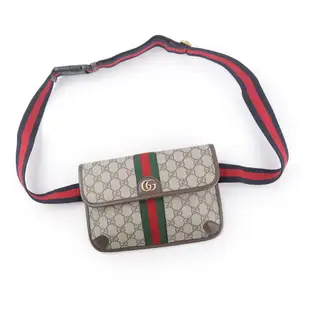 【GUCCI 古馳】Ophidia GG Supreme 帆布綠紅織帶小款腰包 90cm (米色/烏木色)/平行輸入