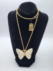 Vintage Crown Trifari Big Butterfly Necklace 28" Ivory Lucite Faux NOS With Tag