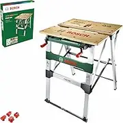 Bosch Home & Garden Mobile Portable Work Bench Table, Foldable, Bamboo Surface, Aluminum Construction, 200kg Load Capacity, Includes Clamping Jaws (PWB 600)