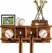Tebery Wood Baseball Bat Holder and Ball Display Shelf Wall Mounted, Sports Memorabilia and Collectibles Floating Shelf Hanging Organizer Bat Rack for Bat, Baseball&Softball