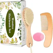 Baby Wooden Brush and Comb Set, Set of 3, Soft Goat Hair Brush with Find Tooth Comb and Cradle Cap Brush for Newborns, Toddlers, Newborns, Boys, Girls (Pink)
