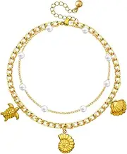 [Generic] Seashell Ankle Bracelet Set for Women, 14K Gold Boho Bead Adjustable Anklet, Hawaiian Beach Seashell Pearl Heart Starfish Conch Foot Jewelry Gifts
