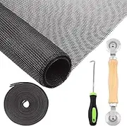 Rustark 4Pcs Black Window Screen Door Repair Replacement Includes 120cm x 250cm Fiberglass Window Screen Mesh Spline Rolling Tool Screen Retainer Spline Remover Hook for Windows Flex Screen