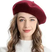[ZLYC] Wool French Beret Hat Solid Color Beret Cap for Women Girls (Burgundy)