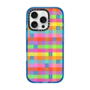 iPhone 16 Pro Impact Case Transparent Vibrant Neon Multicolor Checkered Hearts Stars Pattern