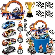 24PCS Race Car Happy Birthday Cake Decoration Race Car Cake Toppers Checkered Flag Themed Cake Decoration Race Car Themed Birthday Party Supplies Boy and Girl Cake Decoration