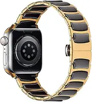 MaKTech Ceramic Band,Thin Stainless Steel Inlaid Ceramic Link Bracelet Strap,for Apple Watch Series 10/9/Ultra 2/SE/8/7[2024] (46mm/45mm/44/49mm,Gold/Black)