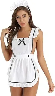 [Phosphophyllite] Womens Sexy Ruffle French Aprons Maid Kitchen Cooking Fancy Dress with Hair Hoop G-string Briefs