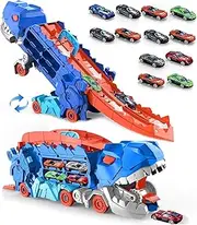 Transforms into Stomping Dinosaur with Race Track Ultimate Transporter Hauler Christmas Toys Gifts for Kids Ages 3 4 5 6 Years Old (Blue)