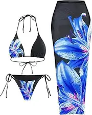 [Narecte] Womens 3 Piece Bikini Set High Waisted Bikini Top Tie Side Bottom Cover Up Skirt Swimsuit Beachwear