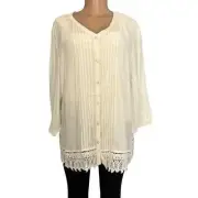 NTW Chicos Womens Optic White Pleated Peasant 3/4 Sleeve Blouse Size XL