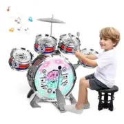 Toddler Drum Kit Kids Toy Jazz Drum Set 6 Drums with Stool Blue-with LED Light