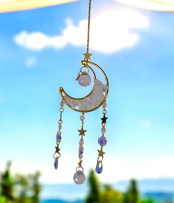 Celestial Crescent Moon Crystal Suncatcher 13.4” x 2.75” Window Prism