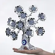 YU FENG Silver White Flowers Tree with Turkish Blue Evil Eyes Amulet Table Centerpiece Ornament for Home Office Decor Protection Gift