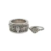 Fleur De Lis Trinity Skull Wedding Ring Band Set Matching Couple Created Emerald