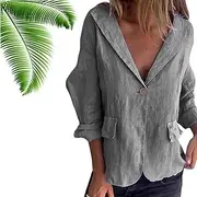 [HUIQINGLI] Cotton and Linen Casual Lapel Single-Button Thin Coat, Loose Casual Long Sleeve Lapel Blazer Jacket, 3/4 Sleeve