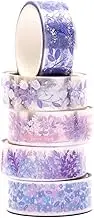 YUBBAEX 5 Rolls Floral Washi Tape Set PET Decorative Flowers Patterns Transparent Masking Tapes for Arts, DIY Crafts, Journals, Planners, Scrapbook, Wrapping (Lavender)