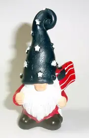 3.25" tall red white blue Scandinavian gnome holding USA flag wearing star hat