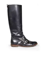 Black Leather Buckle Long Boots